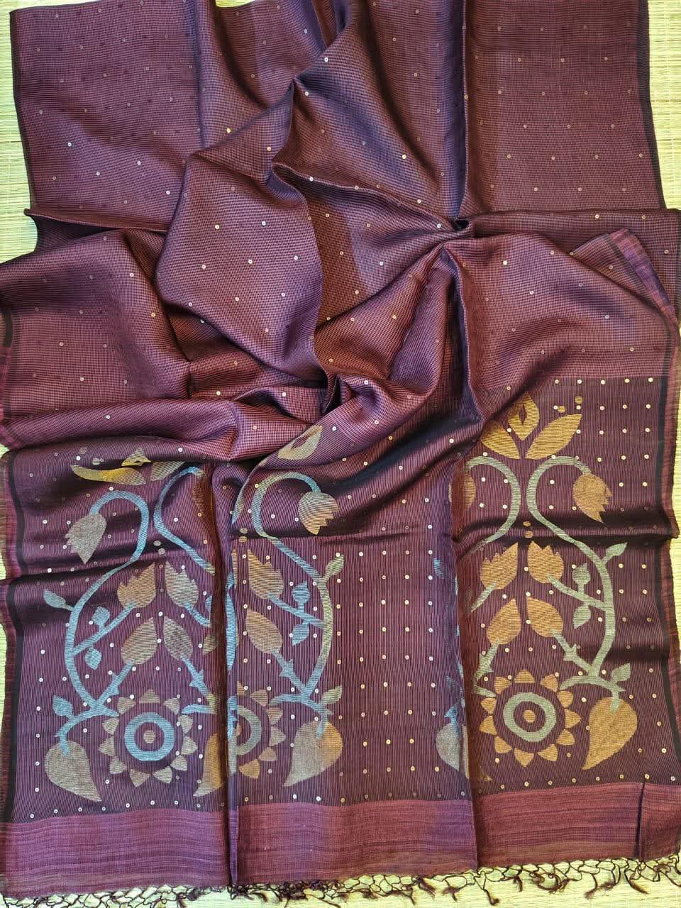 Deep Wine Pure Muslin Bangalore Handloom Saree with Zari