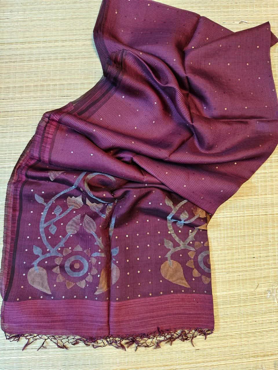 Deep Wine Pure Muslin Bangalore Handloom Saree with Zari