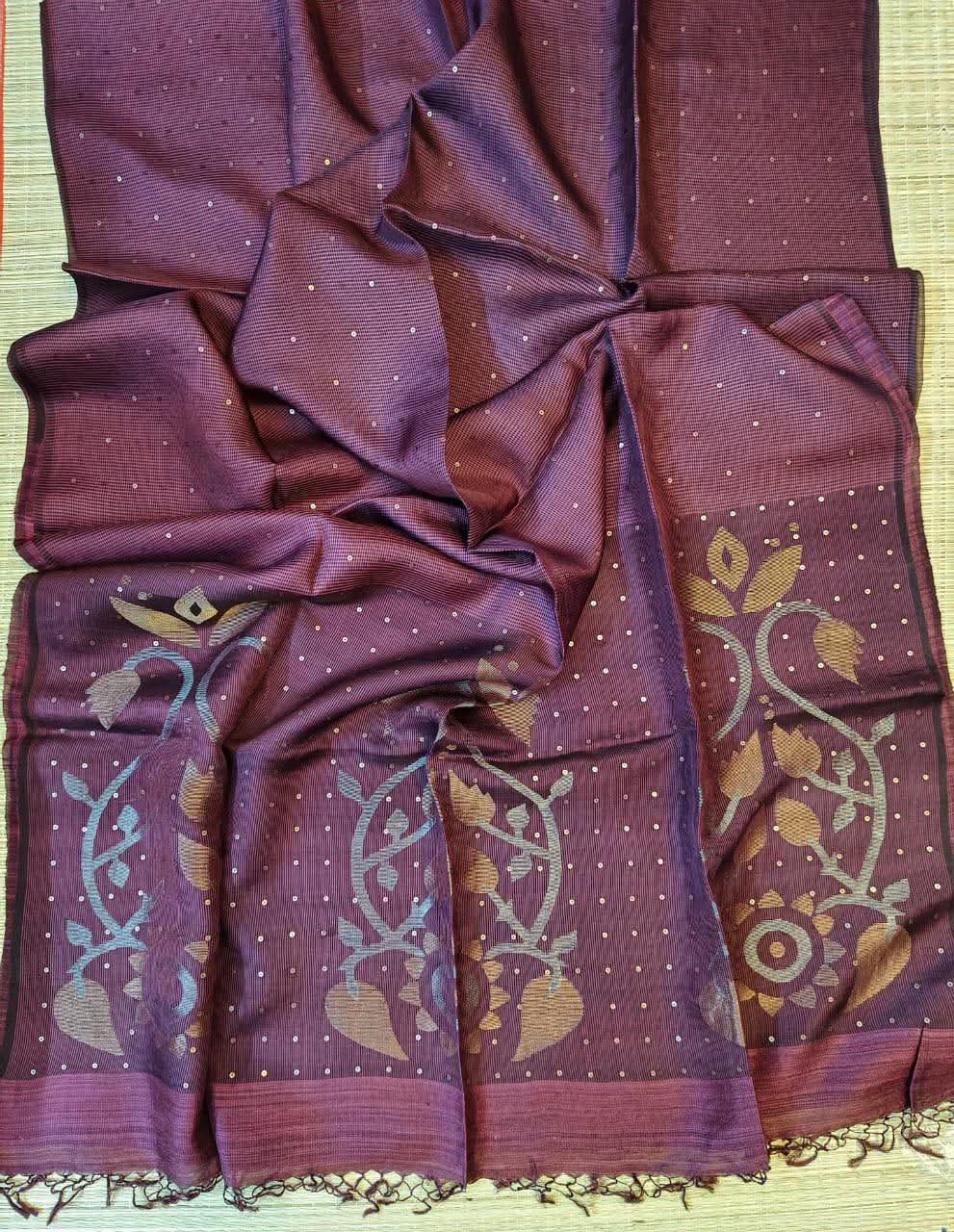 Deep Wine Pure Muslin Bangalore Handloom Saree with Zari