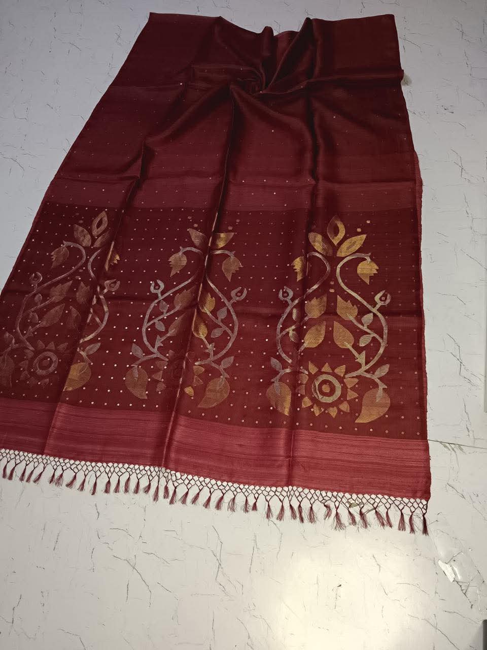 Deep Wine Pure Muslin Bangalore Handloom Saree with Zari
