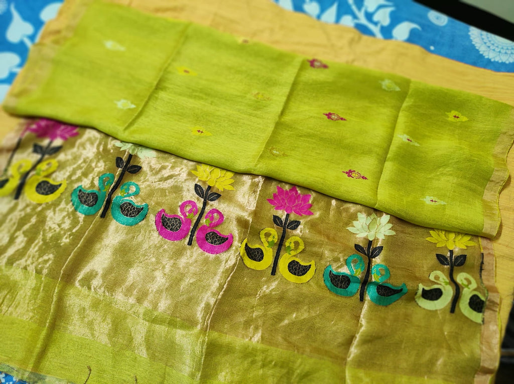 Lime Green Tissue Muslin Linen Swan Lotus Paithani Saree