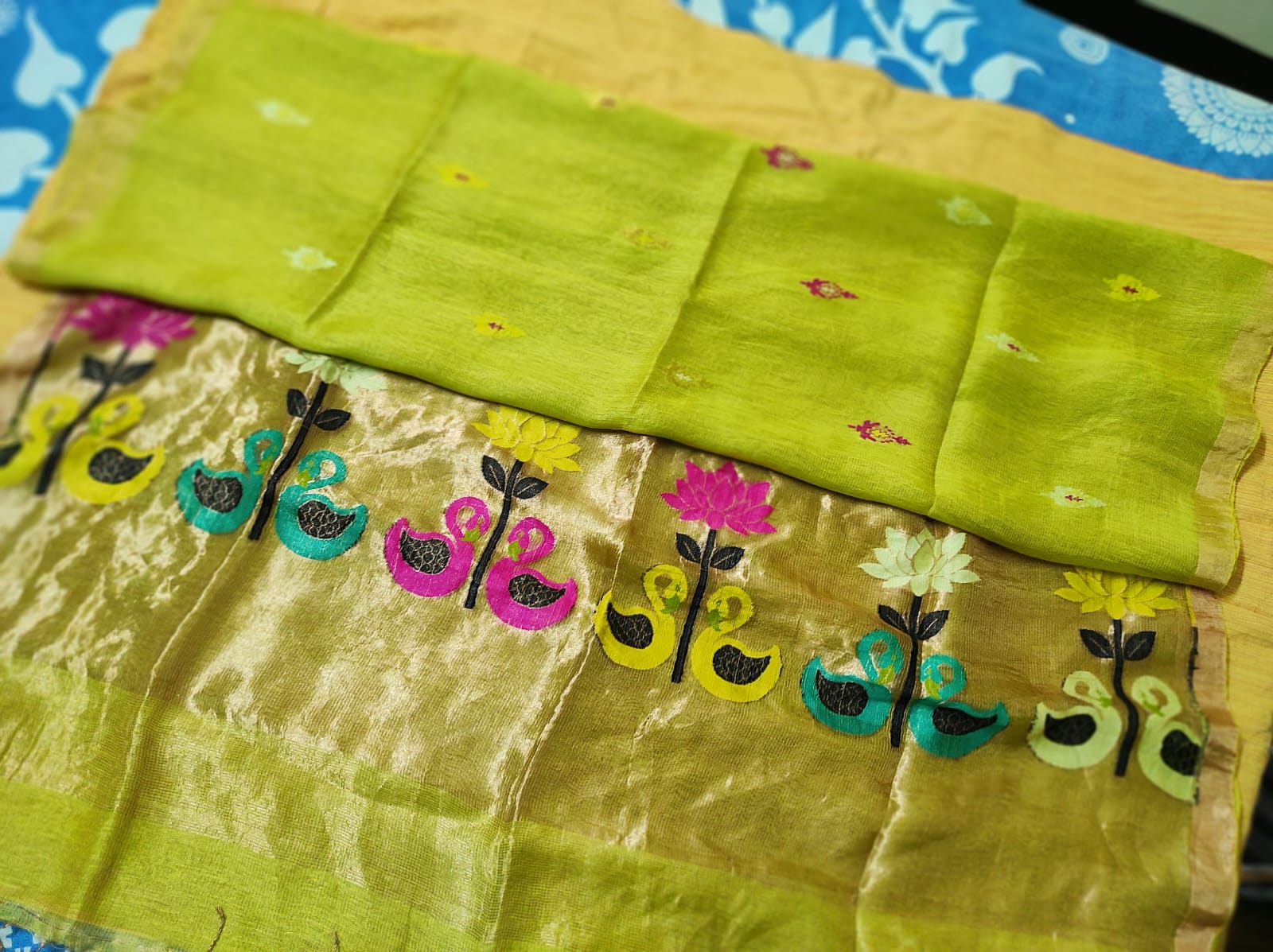 Lime Green Tissue Muslin Linen Swan Lotus Paithani Saree