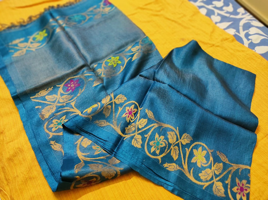 Rich Teal Blue Handloom Tussar Silk Zari Meenakari Saree