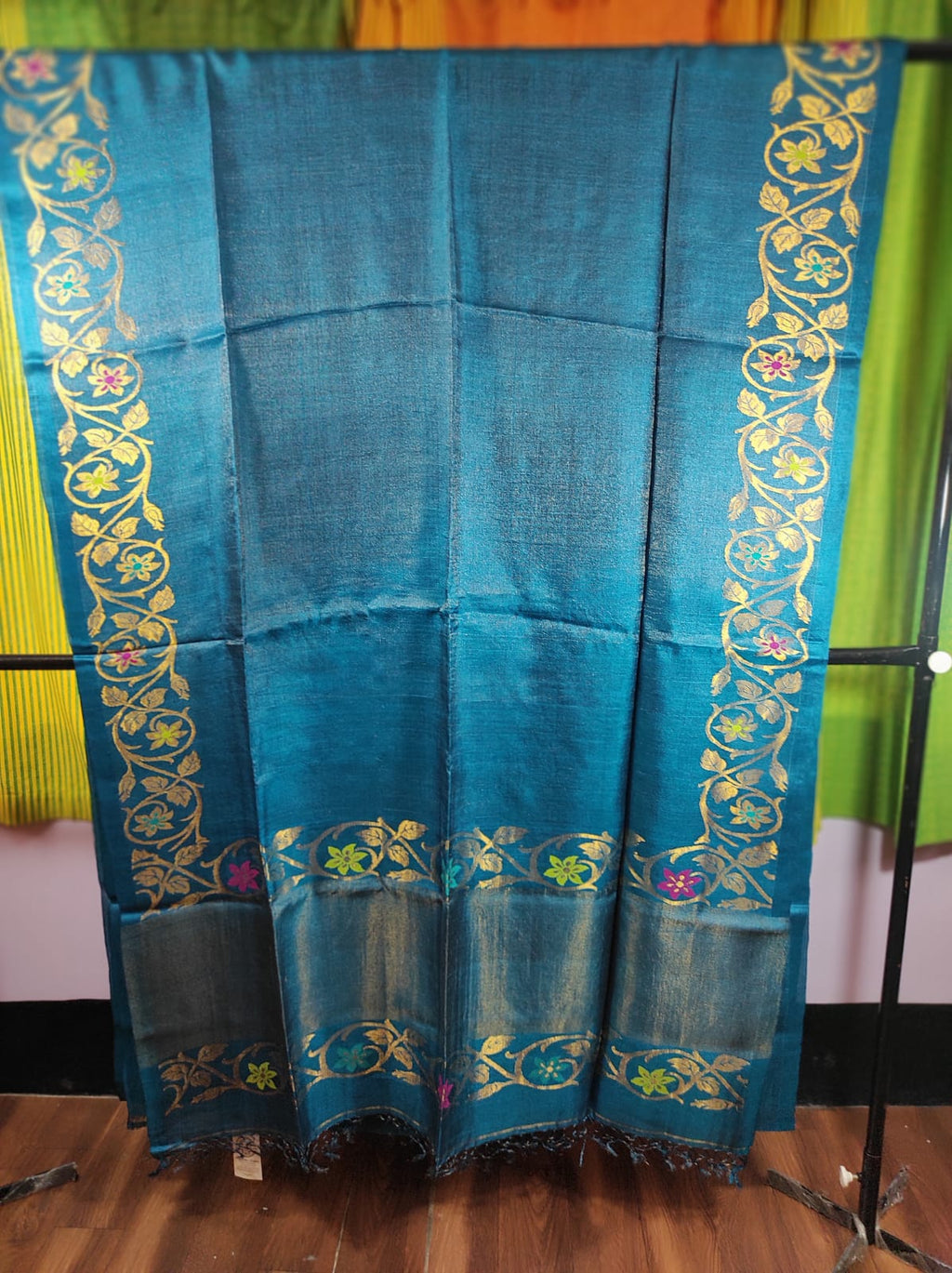 Rich Teal Blue Handloom Tussar Silk Zari Meenakari Saree