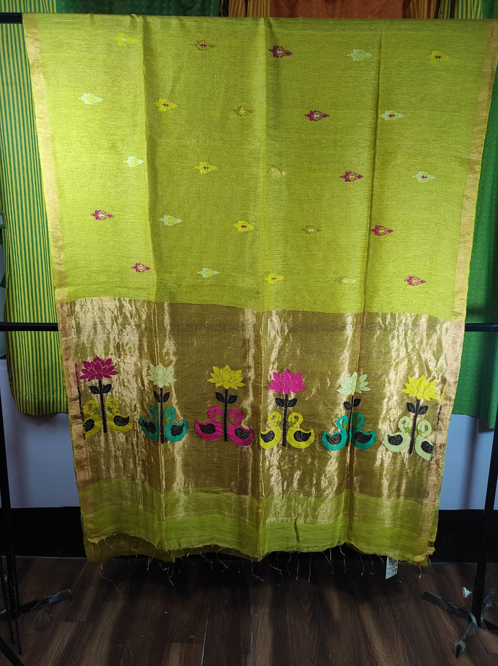 Lime Green Tissue Muslin Linen Swan Lotus Paithani Saree