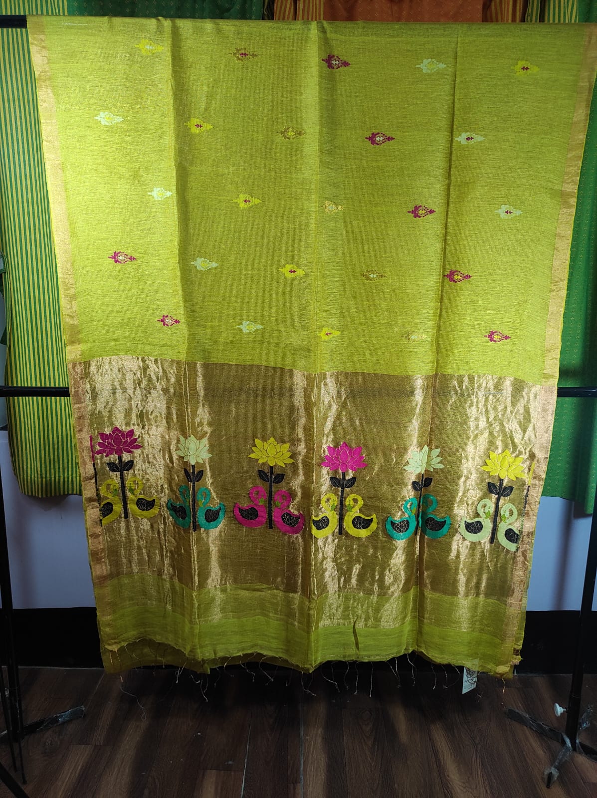 Lime Green Tissue Muslin Linen Swan Lotus Paithani Saree