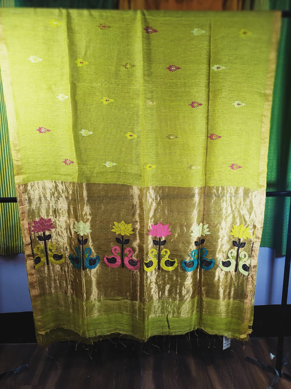 Lime Green Tissue Muslin Linen Swan Lotus Paithani Saree