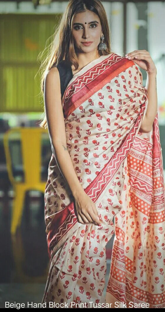 Pure Tussar Silk Beige Madder Red Block Print Saree