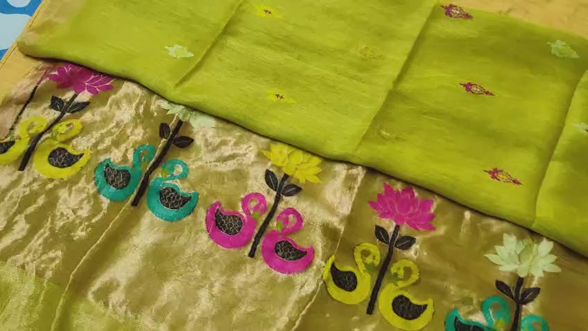 Paithani Lime Green Tissue Muslin Linen Saree