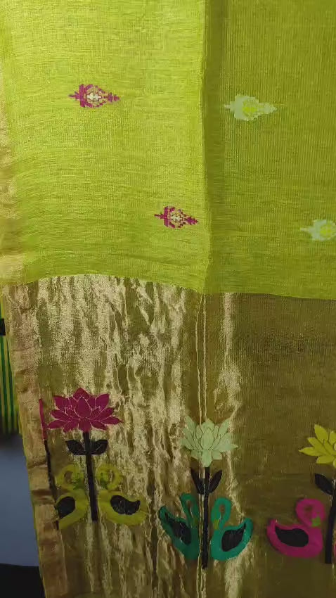 Lime Green Tissue Muslin Linen Swan Lotus Paithani Saree