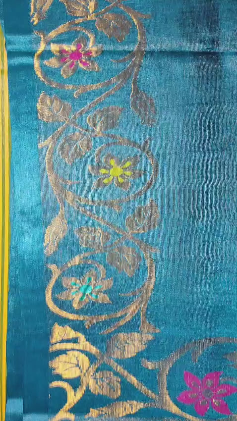 Rich Teal Blue Handloom Tussar Silk Zari Meenakari Saree