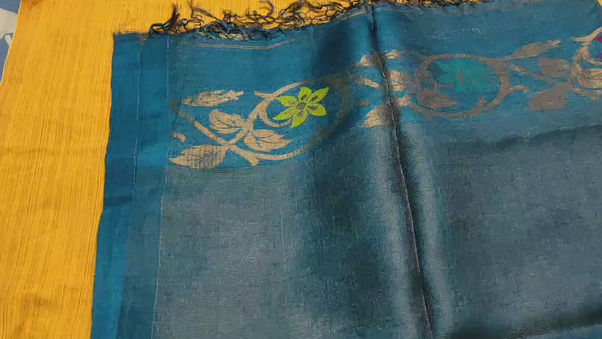 Rich Teal Blue Handloom Tussar Silk Zari Meenakari Saree