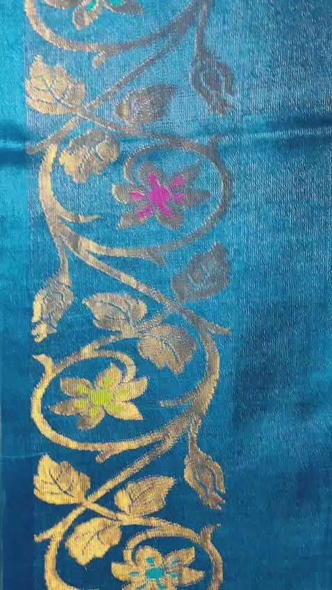 Rich Teal Blue Handloom Tussar Silk Zari Meenakari Saree