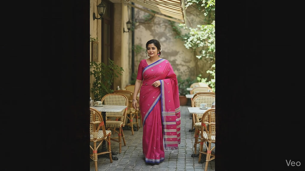 Deep Fuchsia Pink Handloom Cotton Jamdani Saree with Square Buttas