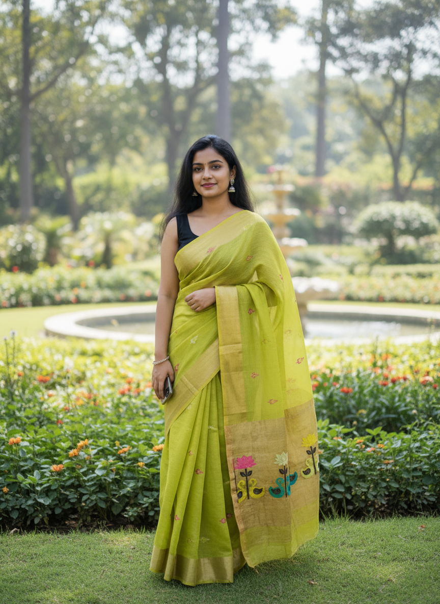 Lime Green Tissue Muslin Linen Swan Lotus Paithani Saree
