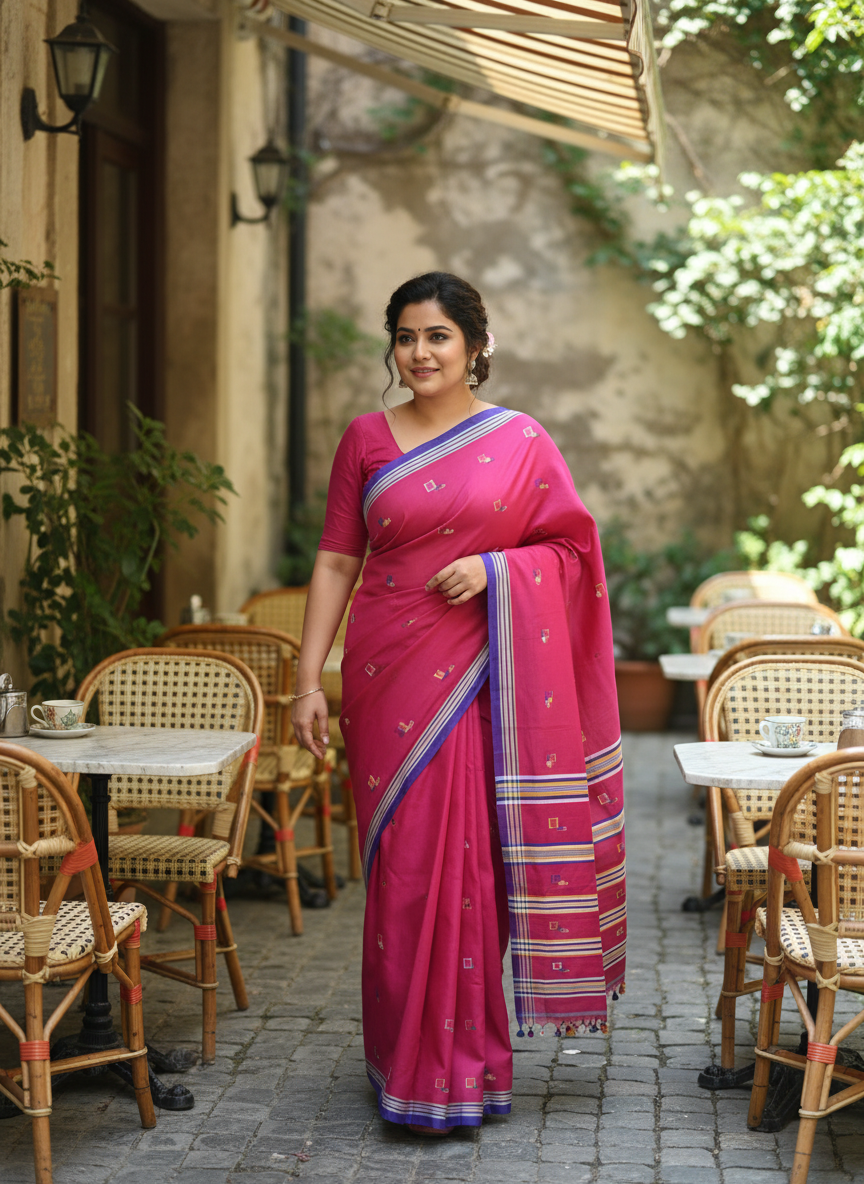 Deep Fuchsia Pink Handloom Cotton Jamdani Saree with Square Buttas
