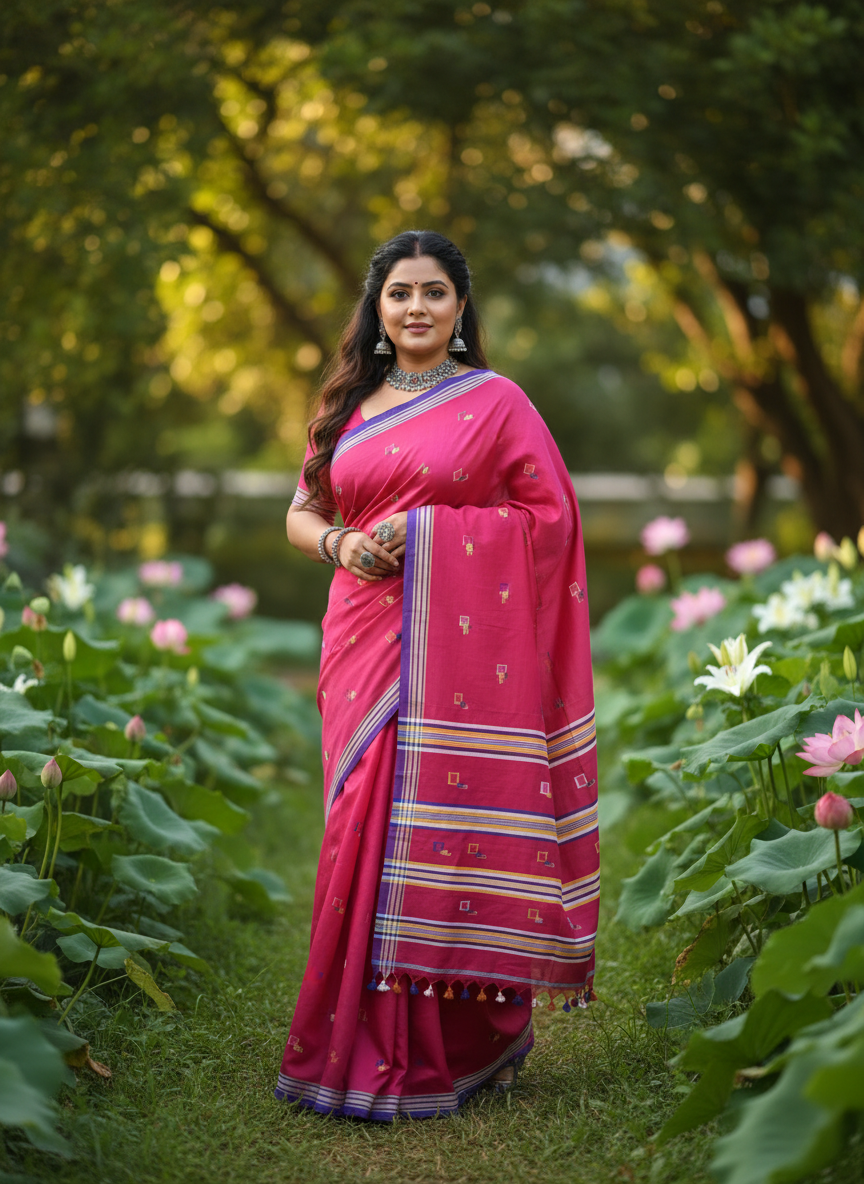 Deep Fuchsia Pink Handloom Cotton Jamdani Saree with Square Buttas