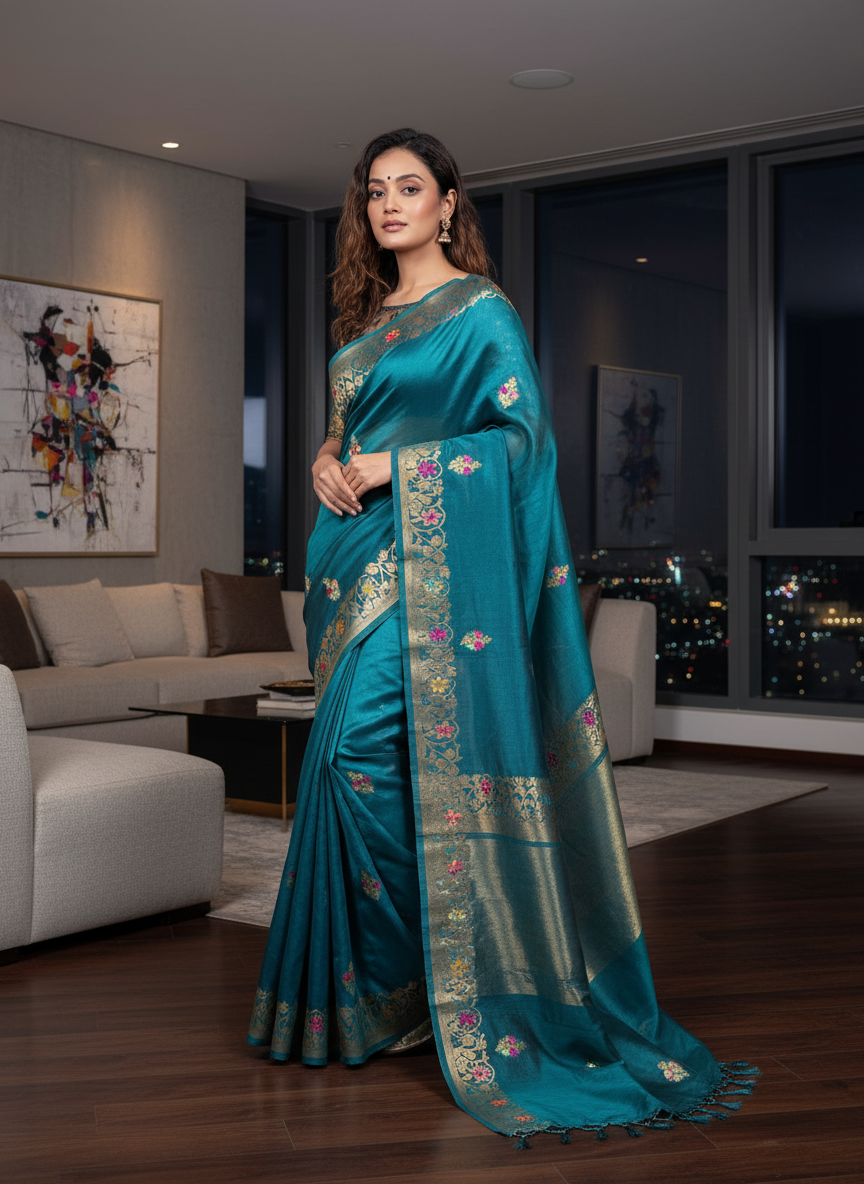 Rich Teal Blue Handloom Tussar Silk Zari Meenakari Saree
