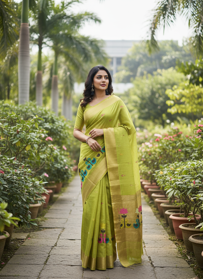 Lime Green Tissue Muslin Linen Swan Lotus Paithani Saree