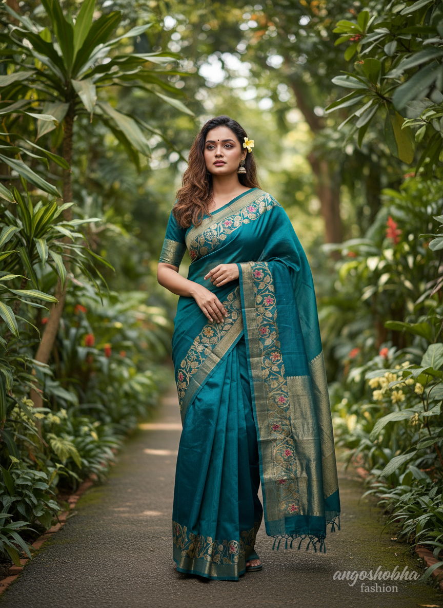 Rich Teal Blue Handloom Tussar Silk Zari Meenakari Saree