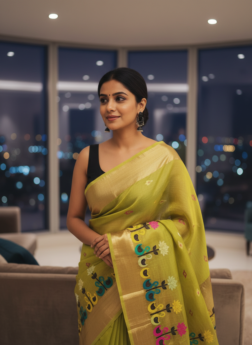 Lime Green Tissue Muslin Linen Swan Lotus Paithani Saree