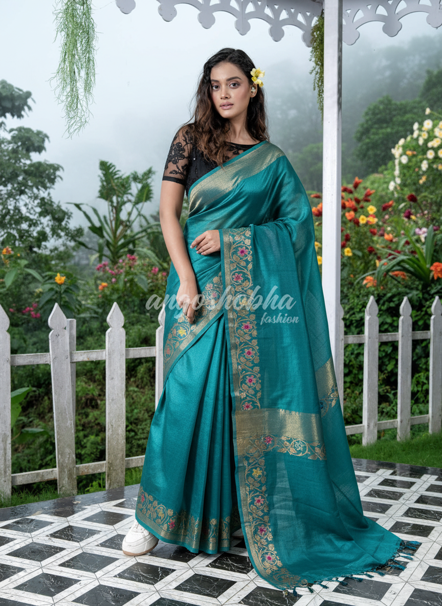Rich Teal Blue Handloom Tussar Silk Zari Meenakari Saree
