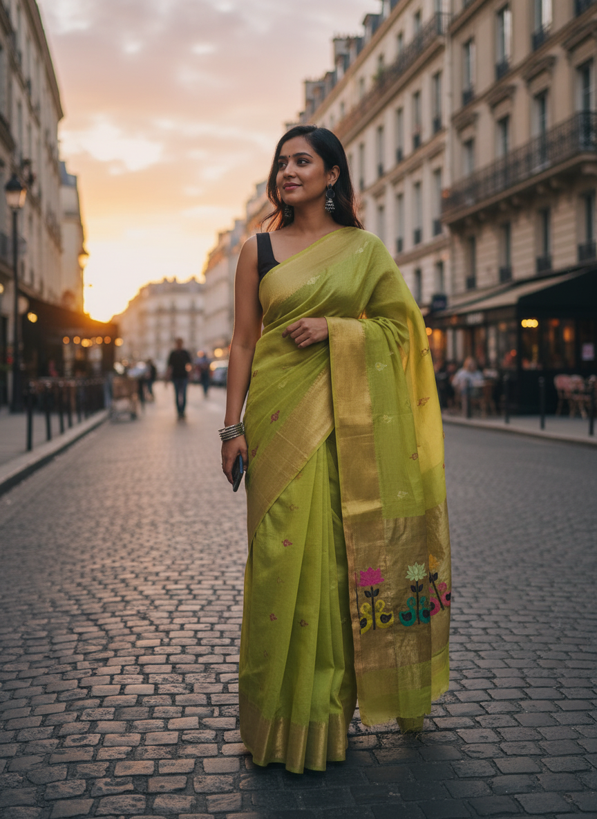 Lime Green Tissue Muslin Linen Swan Lotus Paithani Saree