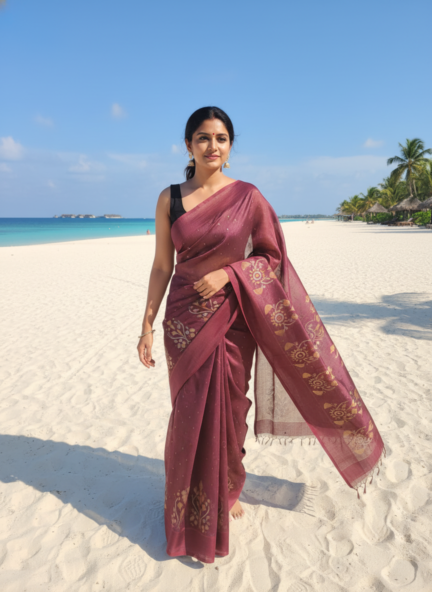 Deep Wine Pure Muslin Bangalore Handloom Saree with Zari