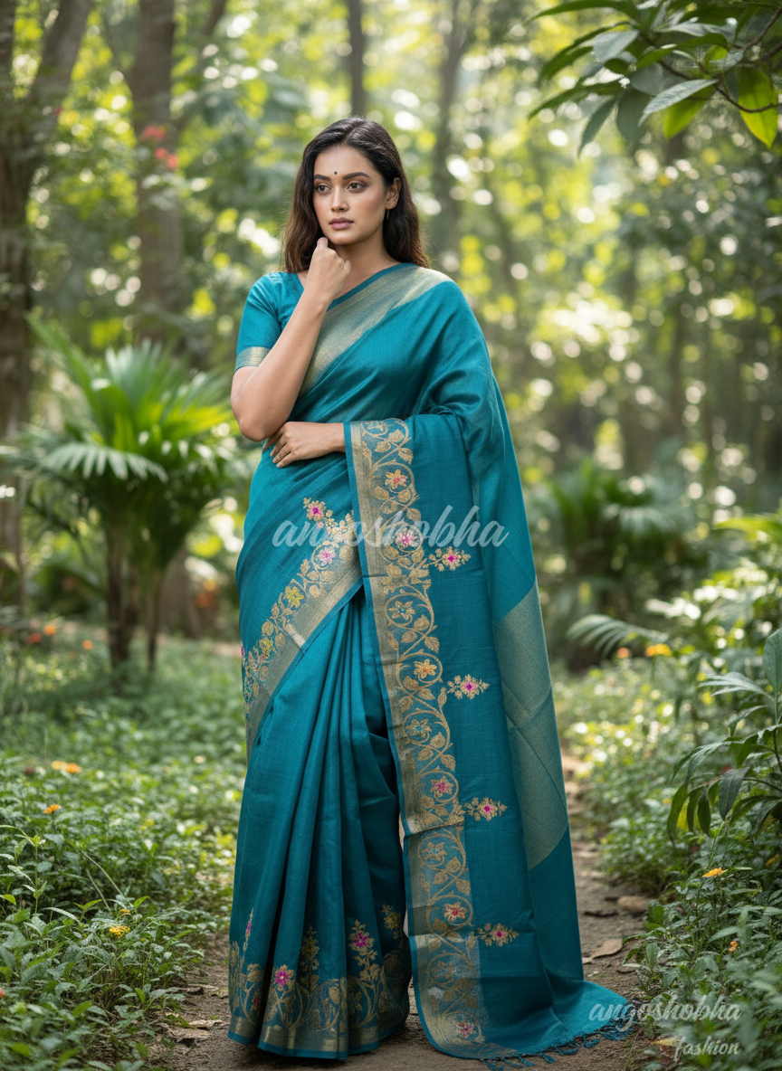 Rich Teal Blue Handloom Tussar Silk Zari Meenakari Saree