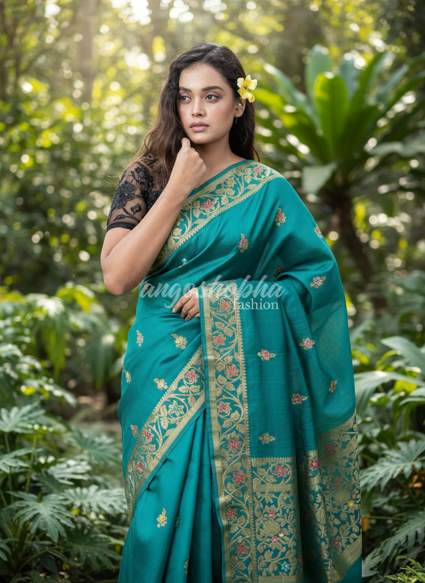 Rich Teal Blue Handloom Tussar Silk Zari Meenakari Saree