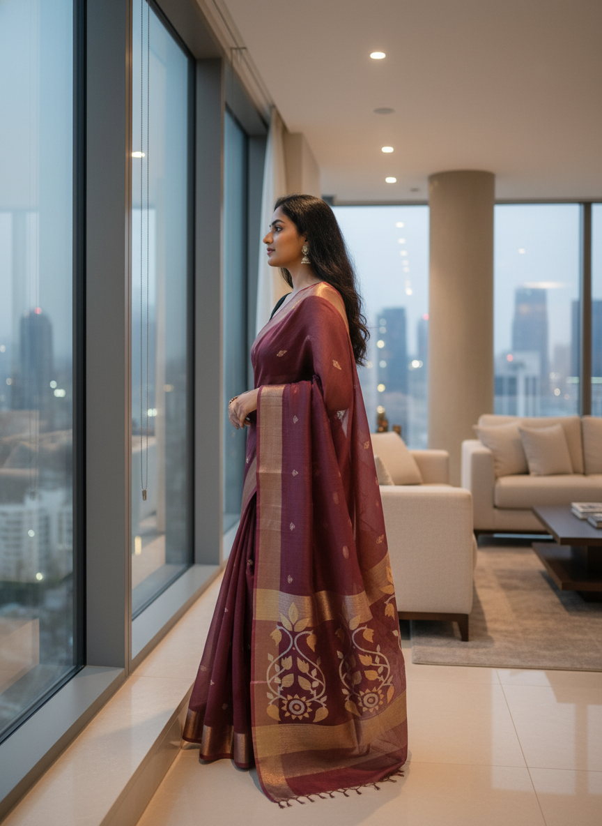 Deep Wine Pure Muslin Bangalore Handloom Saree with Zari