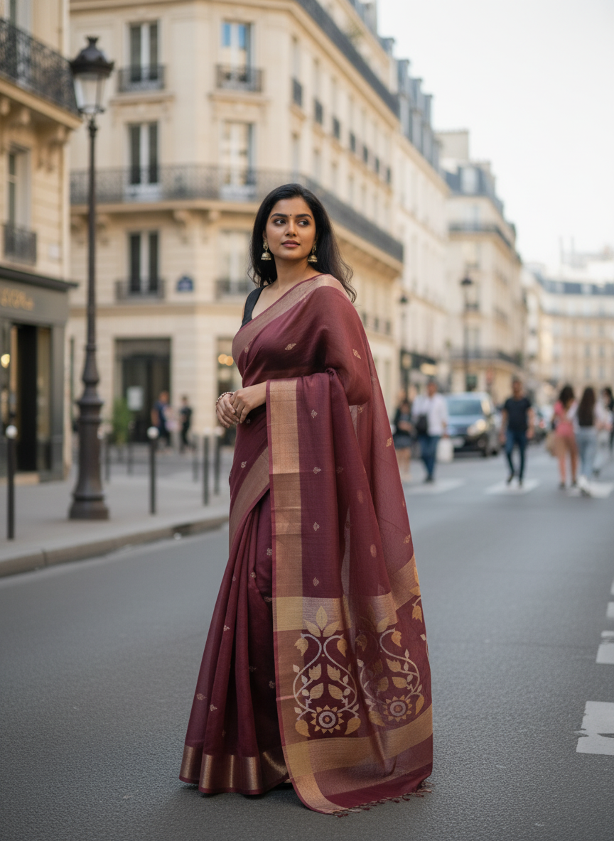 Deep Wine Pure Muslin Bangalore Handloom Saree with Zari