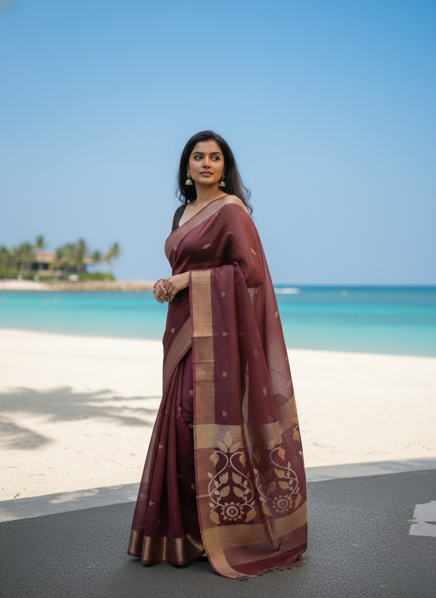 Deep Wine Pure Muslin Bangalore Handloom Saree with Zari